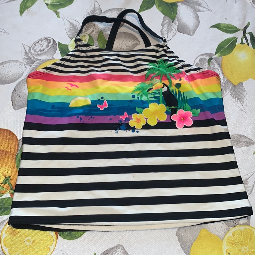 OP Tropical Rainbow/ B&W Striped Tankini Top sz Youth XL EUC